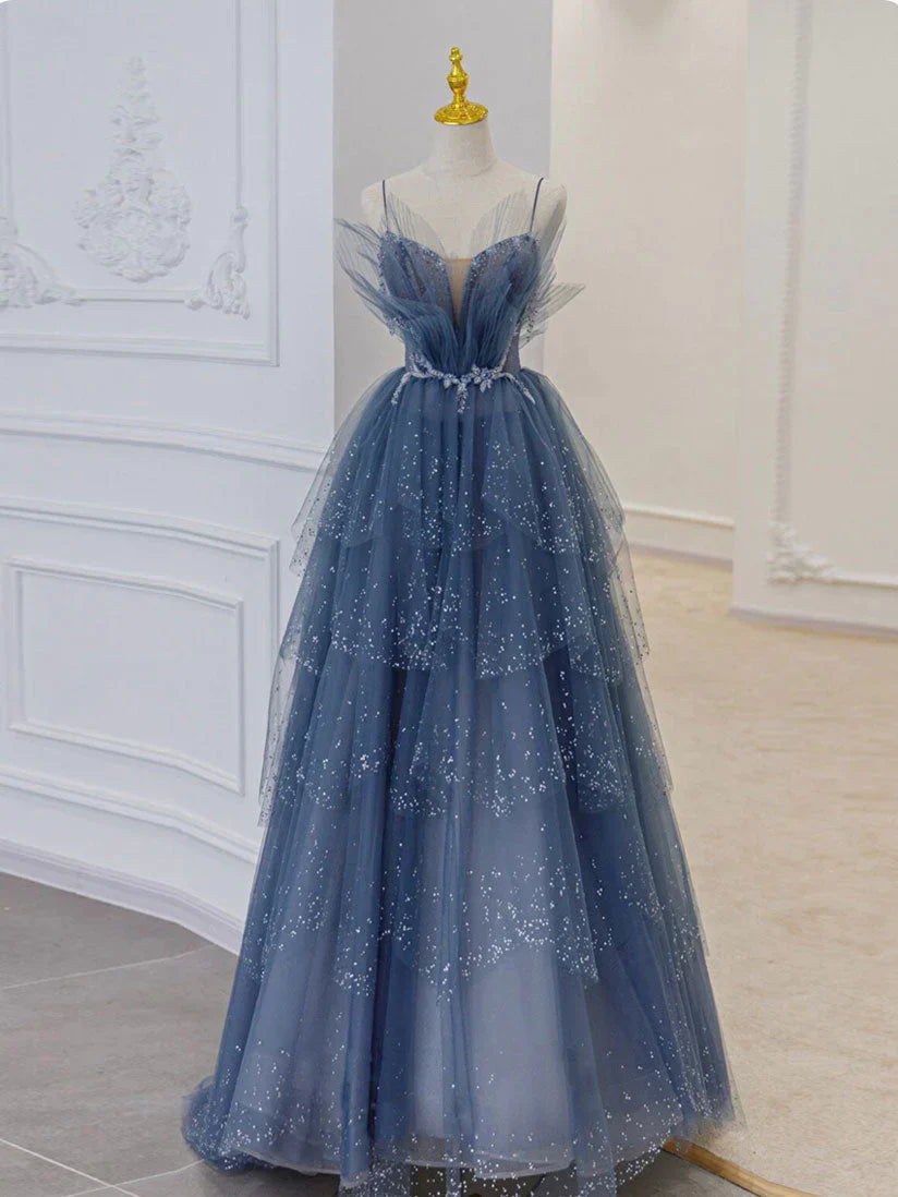 Blue gorgeous sparkling exquisite beaded long tulle ball gown evening dress with rhinestones multi-layered dress gh1001