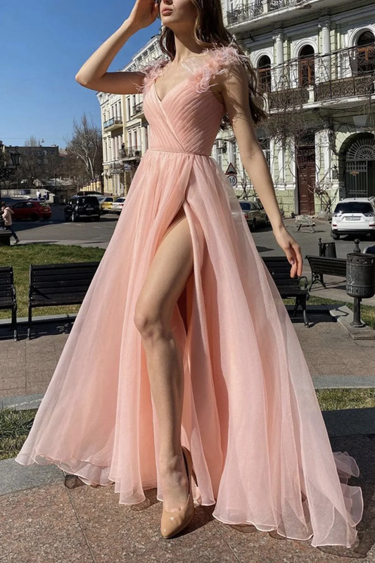 Elegant V Neck Pink Tulle Long Prom Dresses with High Slit, Pink Tulle Formal Graduation Evening Dresses gh2602