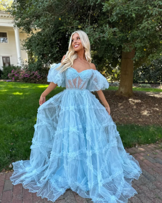 Charming A Line Off the Shoulder Blue Tulle Prom Dresses gh2496