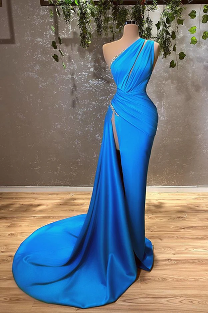 Sexy Blue One Shoulder Split Mermaid Prom Dress With Beads  gh2052