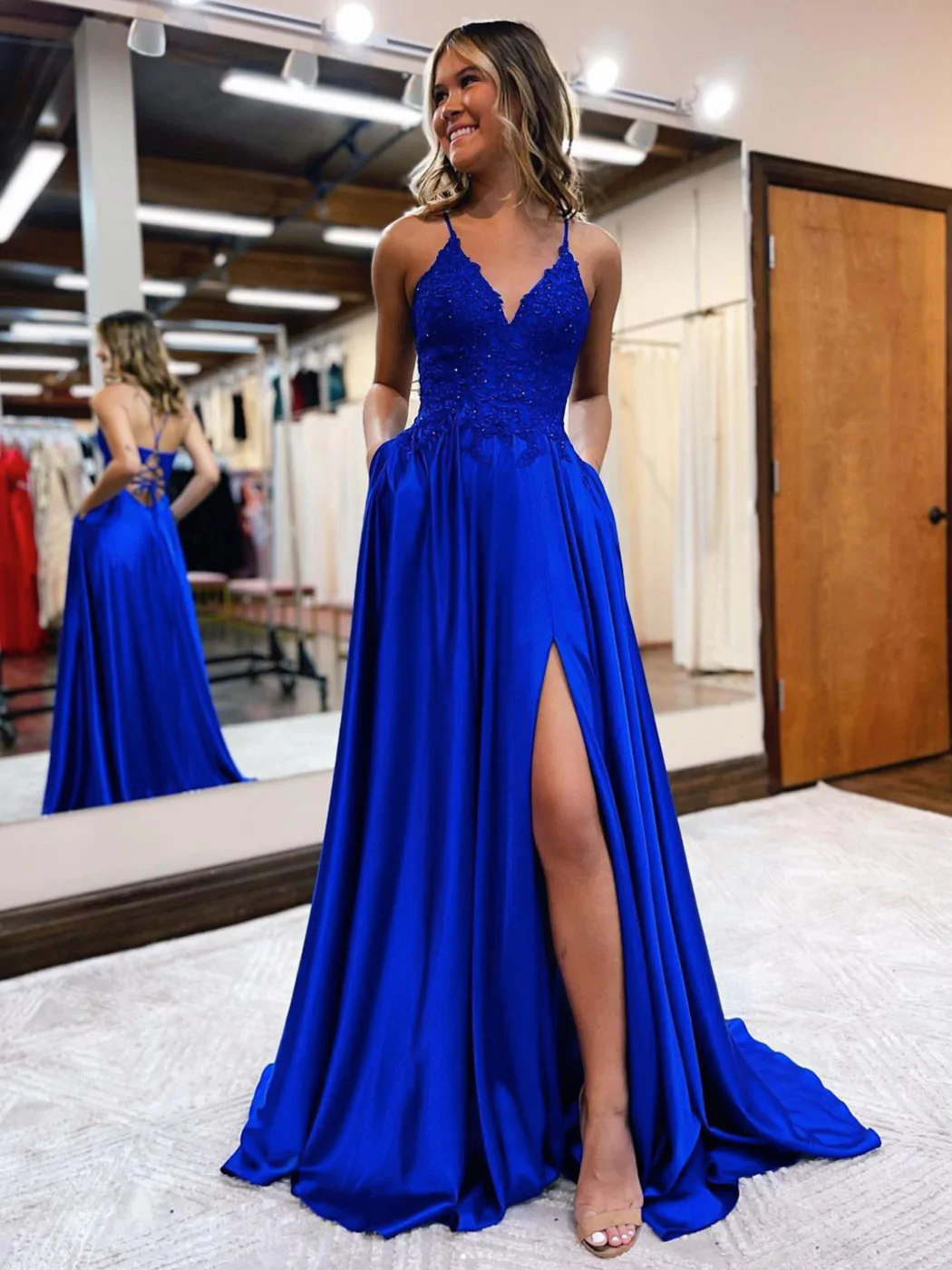 Blue v neck satin lace long prom dress, blue evening dress gh2442