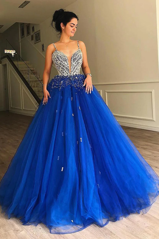Plunging Neck Royal Blue Ball Gown Prom Dress with Beading gh2477