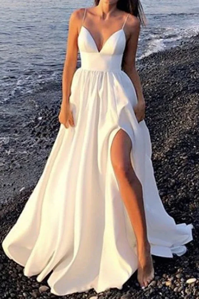 V Neck Open Back White Long Prom Dress with High Slit, V Neck White Formal Graduation Evening Dress gh2125