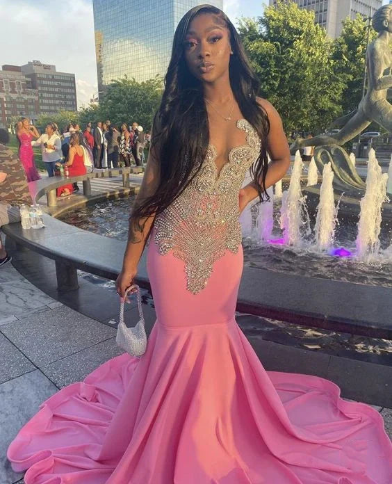 Pink gorgeous exquisite beaded elegant stunning mermaid long satin floor length train prom dress evening gown party dress gh2427