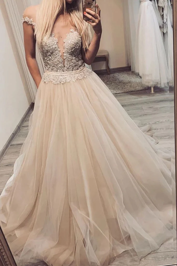 Cheap Long Prom Dresses A-line V-neck Off-Shoulder Tulle Pageant Gown gh2555