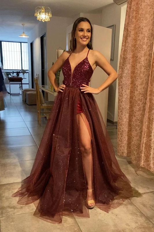 Spaghetti Straps A Line Burgundy Tulle Long Prom Dresses With Slit gh2443