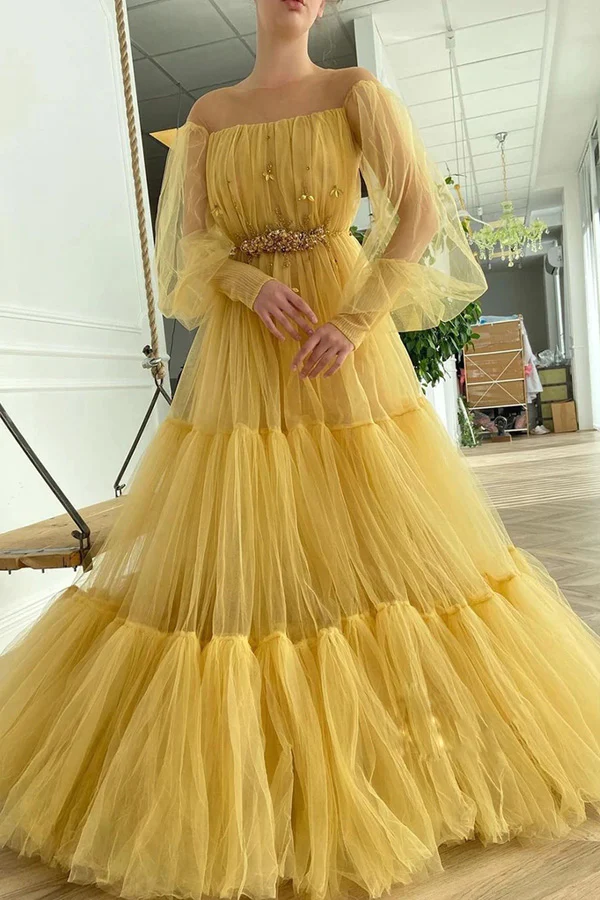 Yellow pretty fairy elegant exquisite beading A-line long sleeve long tulle ball gown evening dress gh2234