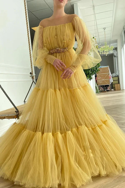 Yellow pretty fairy elegant exquisite beading A-line long sleeve long tulle ball gown evening dress gh2234