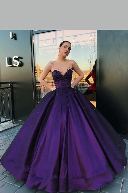 Purple Satin Ball Gown Dinner Party Dress with Illusion Straps,Prom Dresses  gh2195