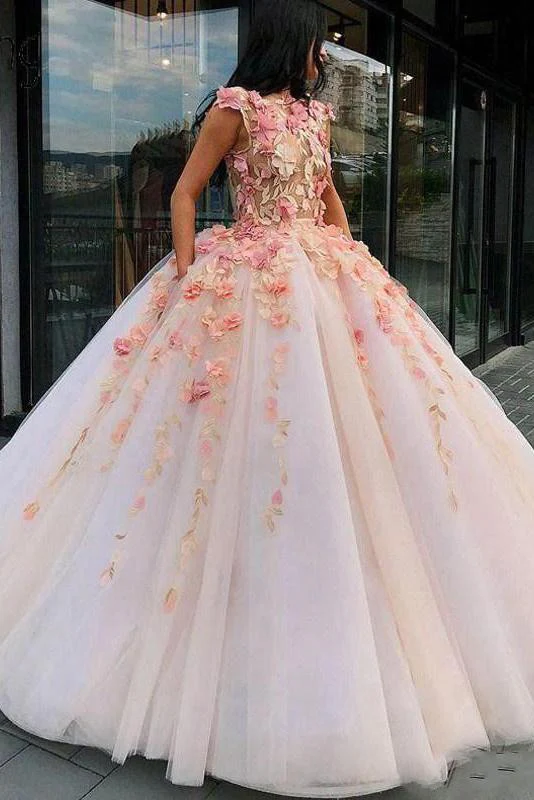 Princess Ball Gown Pink Tulle Prom Dresses with Handmade Flowers, Quinceanera Dress gh2127