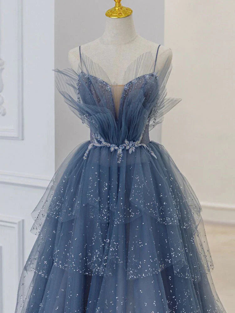 Blue gorgeous sparkling exquisite beaded long tulle ball gown evening dress with rhinestones multi-layered dress gh1001