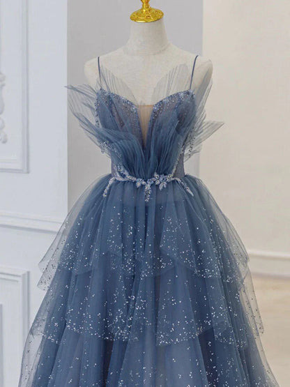 Blue gorgeous sparkling exquisite beaded long tulle ball gown evening dress with rhinestones multi-layered dress gh1001
