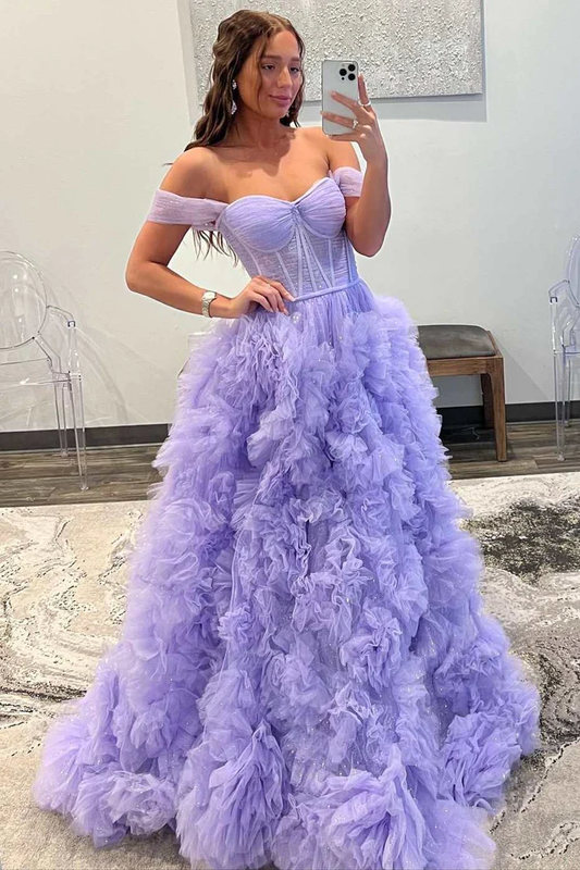 A-line Off-the-Shoulder Ruffle Layers Boning Long Prom Gown gh2621
