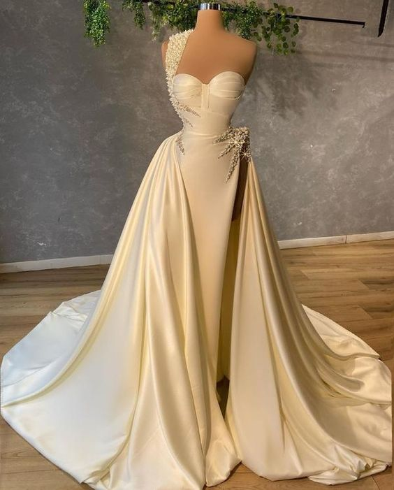 One Shoulder Pearls Satin Bridal Gown evening dress gh2567
