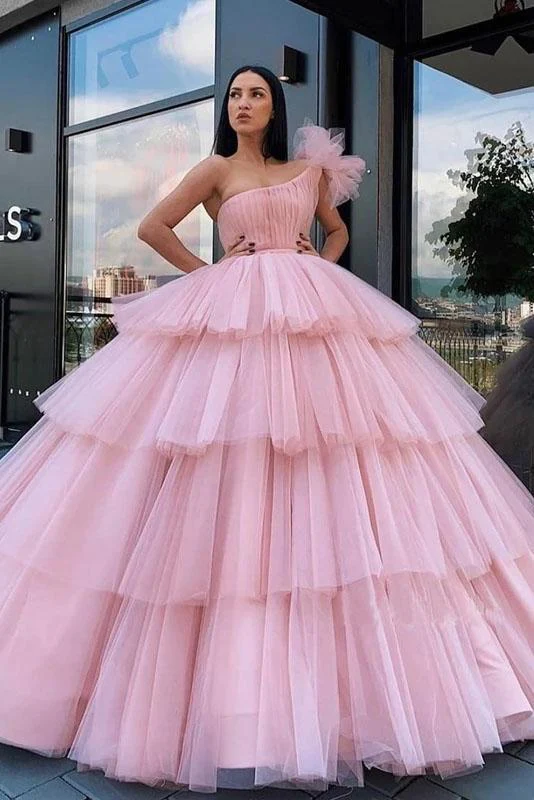 Charming Ball Gown Tulle Pink One Shoulder Long Prom Dresses, Quinceanera Dresses  gh2091
