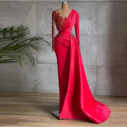 Glamorous Red Satin Dubai Evening Dresses Long Sleeves Sheer Neck Beads  Prom Gowns Celebrity Formal Dress  gh2202