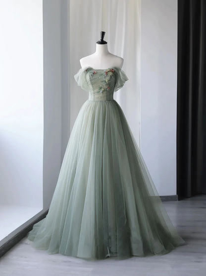 Green beautiful charming floral applique tulle long formal prom dress,evening dress,party dress gh2422