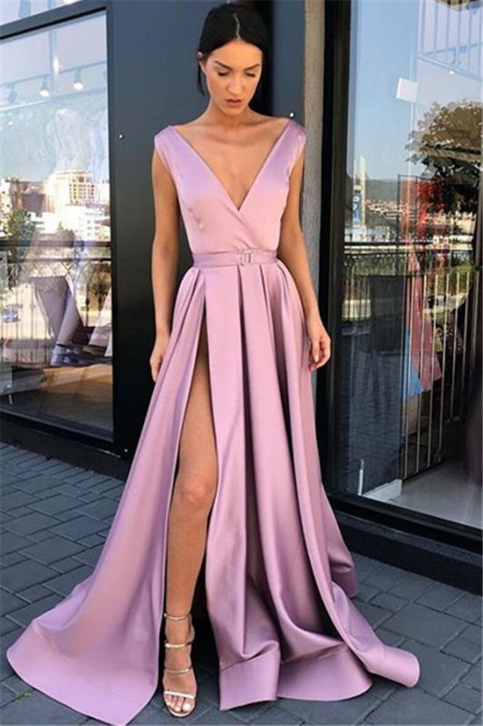 Pink Straps Side-Slit A-Line Prom Dresses | Sexy Deep-V-Neck Sleeveless Evening Gown gh2032