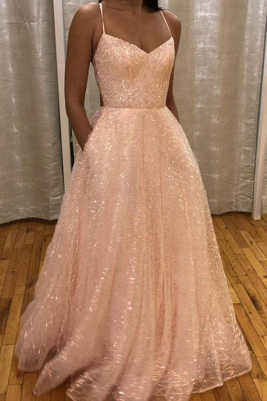 Sparkly Pink Prom Dresses Long A-line Backless Formal Gown With Pocket gh2603