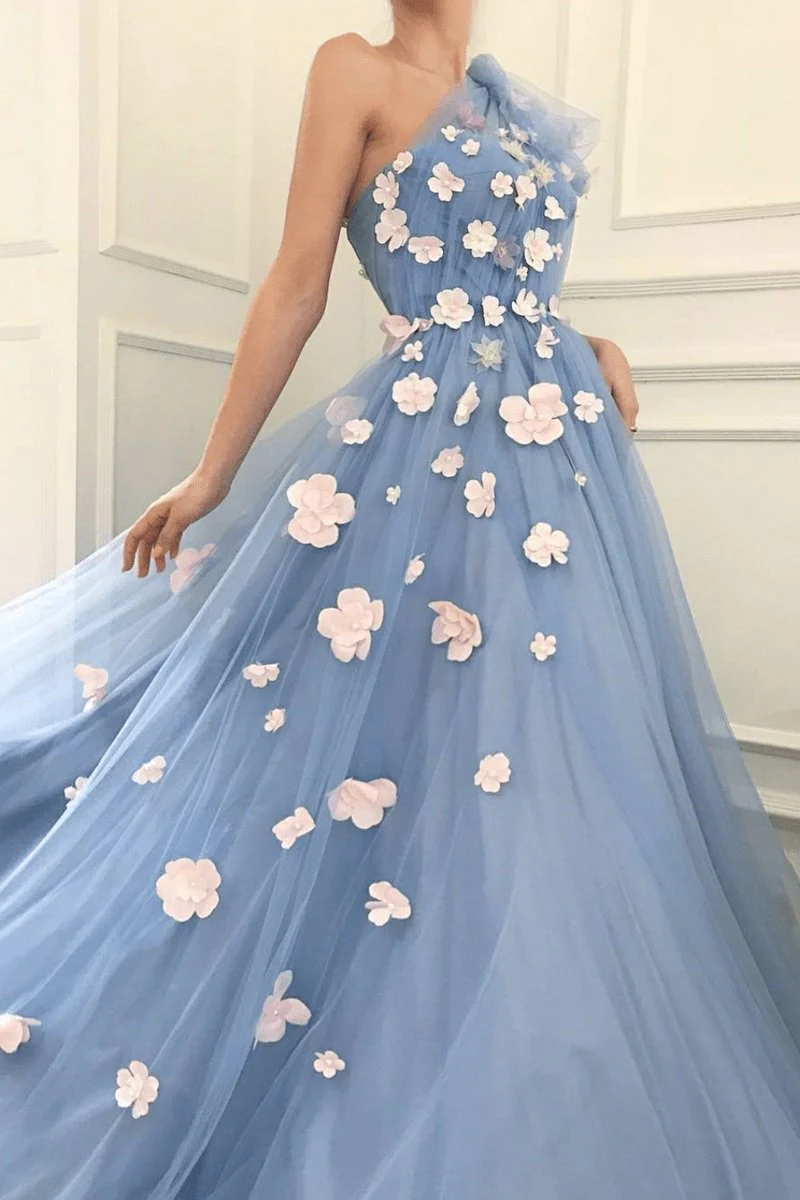 Charming One Shoulder Blue Tulle 3D Flowers Prom Dresses, Long Cheap Dance Dresses  gh1964