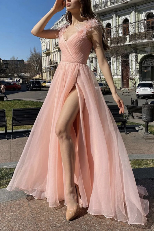Elegant V Neck Pink Tulle Long Prom Dresses with High Slit, Pink Tulle Formal Graduation Evening Dresses gh2551