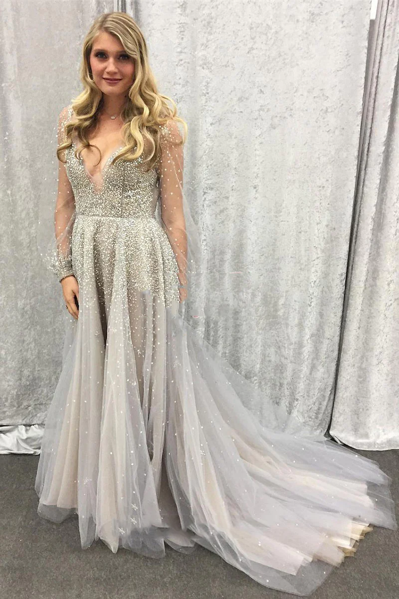 Newly A Line Gray Tulle Long Sleeves See Through Sweetheart Beaded Prom gh2493