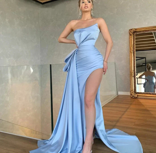 Elegant Sky Blue Evening Dresses Mermid Strapless Sleeveless Sexy High Slit Pleat Droped Dubai Stylish Gowns  gh1963