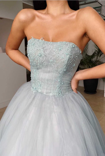 Elegant Dusty Blue Strapless Ruffles Long Prom Dress gh2248