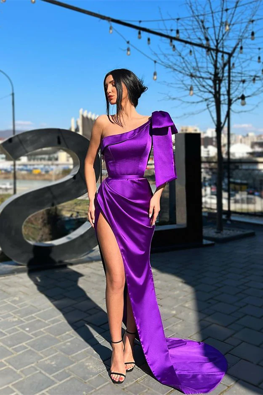 Designer Purple One Shoulder Long Prom Dress With Slit gh2349