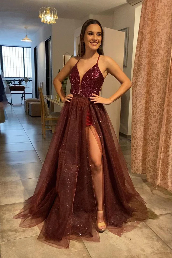Spaghetti Straps A Line Burgundy Tulle Long Prom Dresses With Slit gh2443