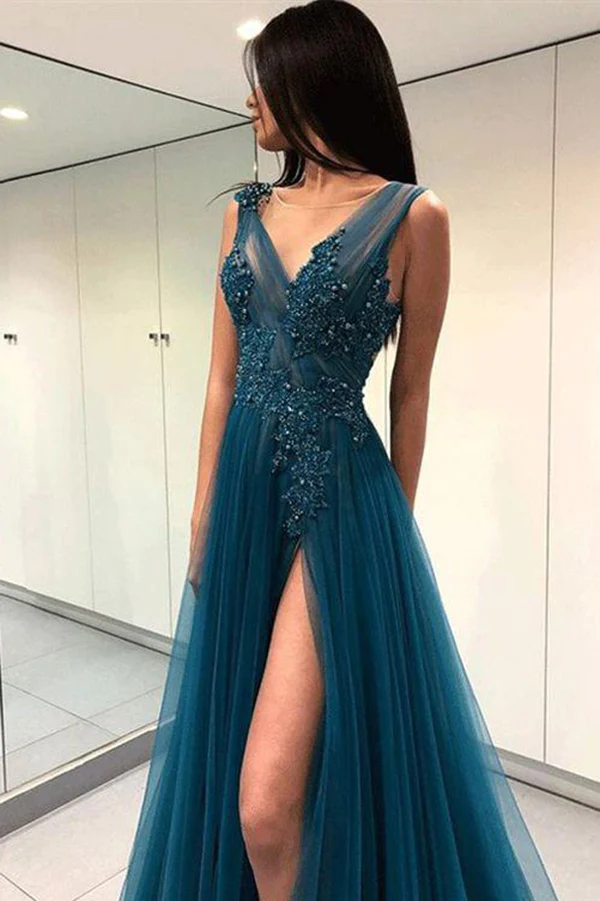 A Line V Neck Tulle Open Back Lace Beads Sleeveless Evening Prom Dresses gh2016