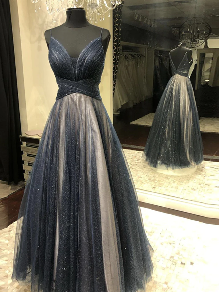 Dark Navy Blue Tulle Long Prom Dresses, Backless Dark Blue Long Formal Evening Dresses  gh2265