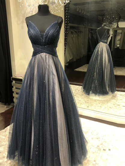 Dark Navy Blue Tulle Long Prom Dresses, Backless Dark Blue Long Formal Evening Dresses  gh2265