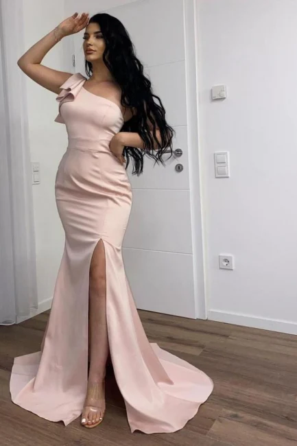 Long Pink Simple One Shoulder Split Mermaid Prom Dress gh1937