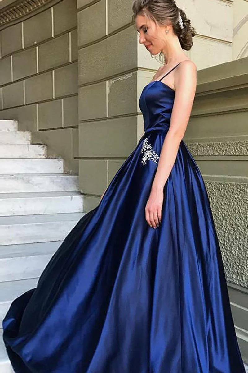 Elegant A-Line Spaghetti Straps Dark Blue Satin Prom Dress with Beading Pockets gh2333