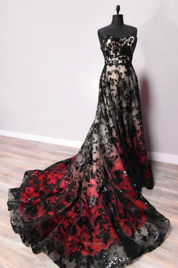 Black gorgeous exquisite red lace long tulle floor length trailing ball gown evening dress gh2216