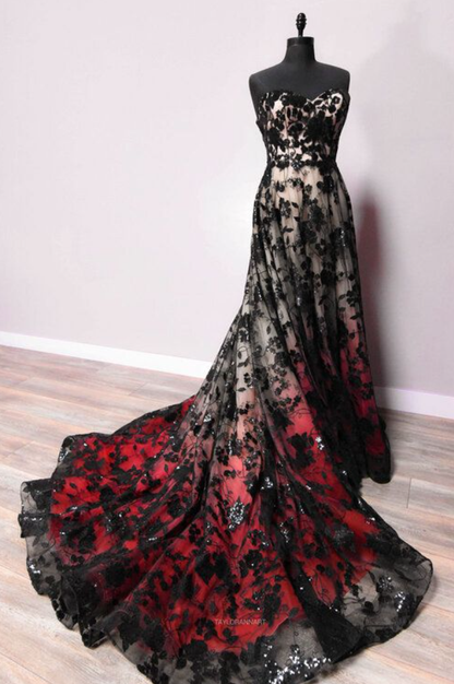 Black gorgeous exquisite red lace long tulle floor length trailing ball gown evening dress gh2216