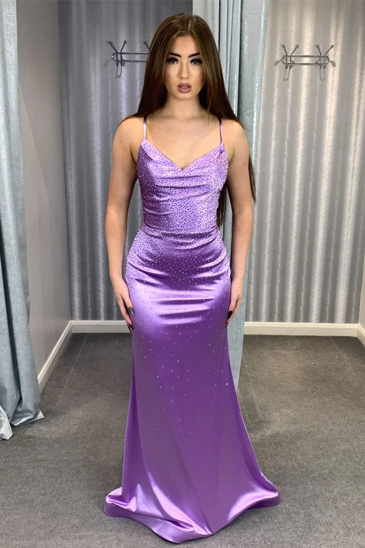 V-Neck Lilac Beaded Long Prom Dress gh2590