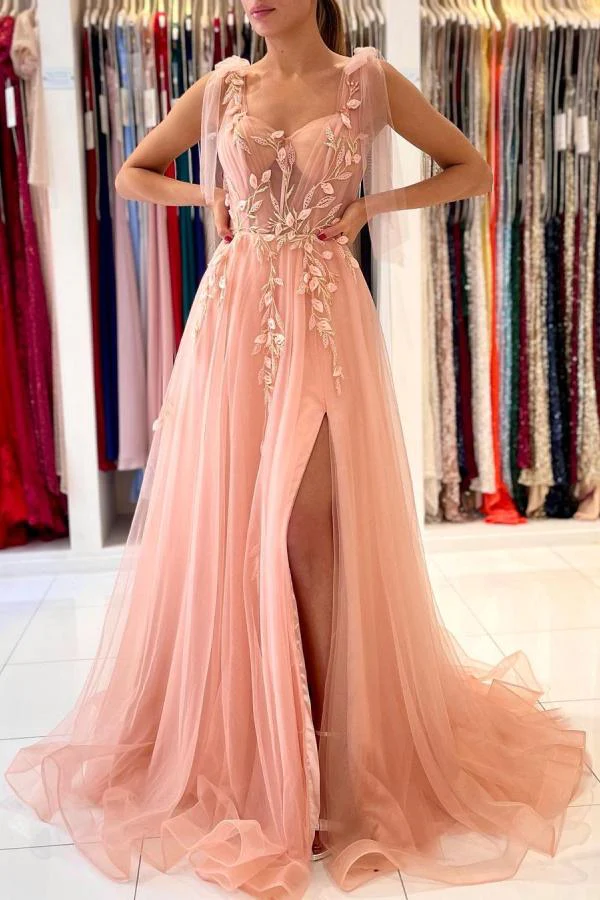 Pink charming heart-shaped sling tulle slit long evening dress gh2169