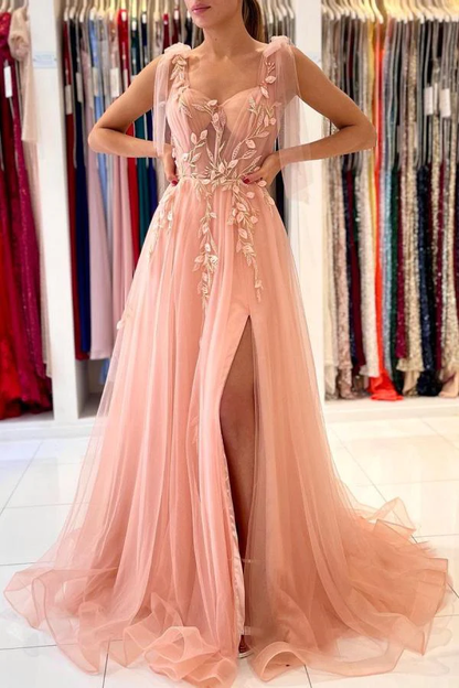 Pink charming heart-shaped sling tulle slit long evening dress gh2169