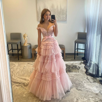 Cute A Line Off the Shoulder Pink Tulle Prom Dresses Quinceanera Dresses gh2495