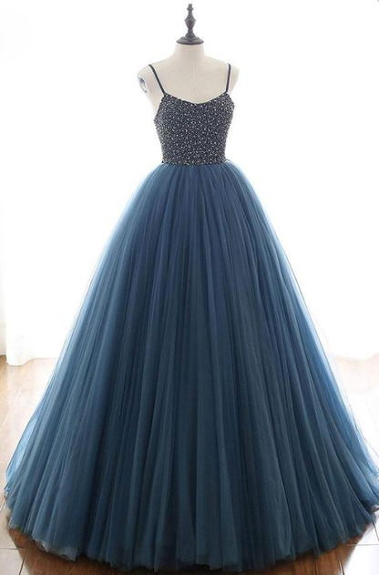 Charming Tulle Spaghetti Straps Beaded Sequins Formal Prom Dresses,Elegant Evening Formal Dresses  gh2263