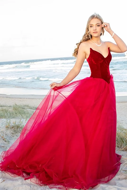 Burgundy Tulle Prom Dress Velvet Top V-Neck gh2545