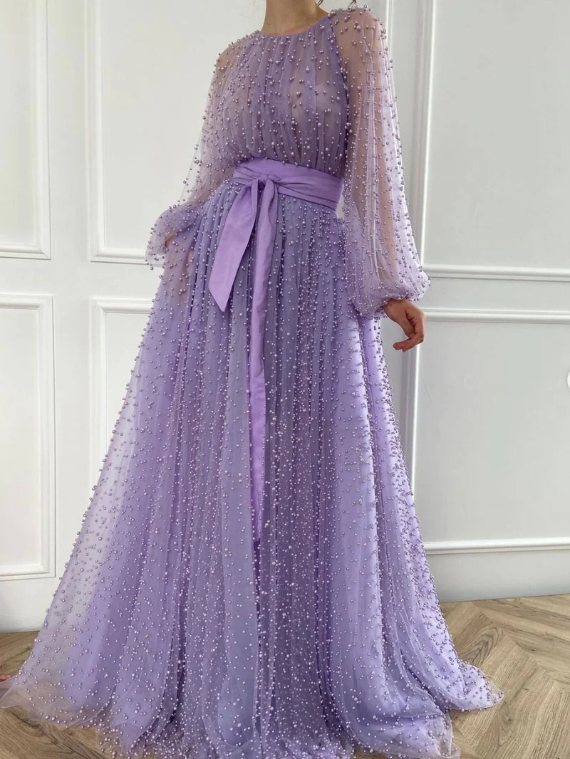 Purple round neck tulle beaded long ball gown, purple evening dress gh2150