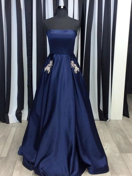 Elegant A-Line Spaghetti Straps Dark Blue Satin Prom Dress with Beading Pockets gh2333