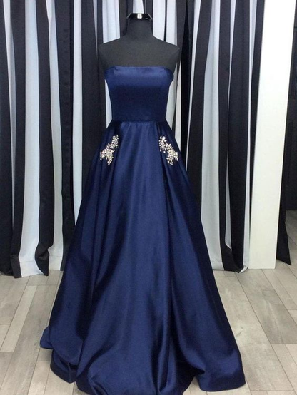 Elegant A-Line Spaghetti Straps Dark Blue Satin Prom Dress with Beading Pockets gh2333