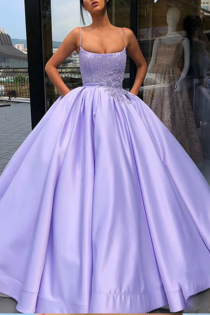 Purple Ball Gown Spaghetti Straps Satin Sweet 16 Dress With Pocket Quinceanera Dress gh2217