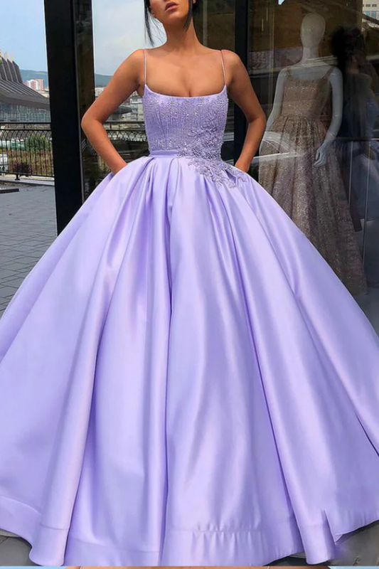 Purple Ball Gown Spaghetti Straps Satin Sweet 16 Dress With Pocket Quinceanera Dress gh2217