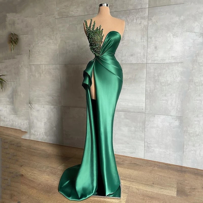 Green luxury gorgeous beaded gown long elegant satin sexy slit prom dress evening gown party dress gh1911
