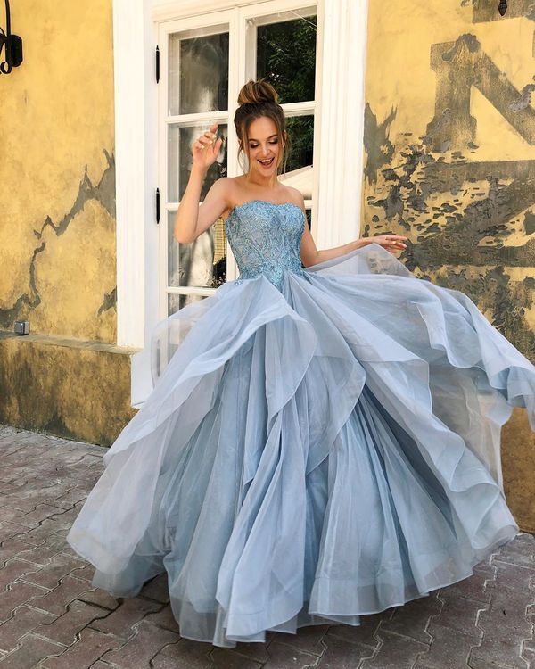 Strapless Long A-line Blue Lace Organza Prom Dresses, Long Prom Dresses, Popular Prom Dresses  gh2222